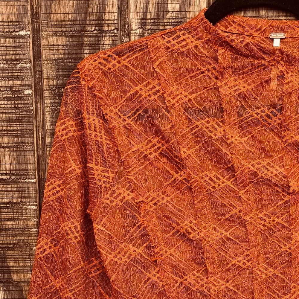 Free People Burnt Orange Mesh Bell Long Sleeve Blouse - Picture 6 of 14